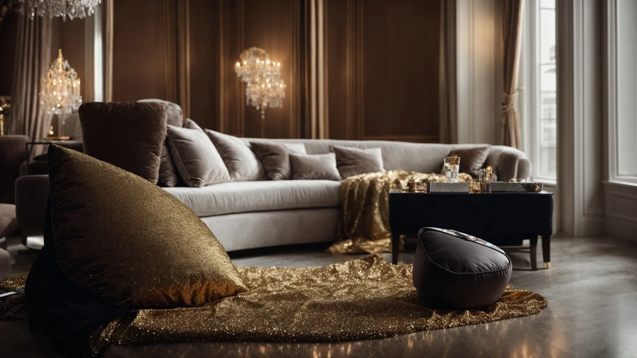 a luxurious room with a velvet cushion displaying a gleaming ipad encrusted with diamonds while someone captures the scene with a professional camera.