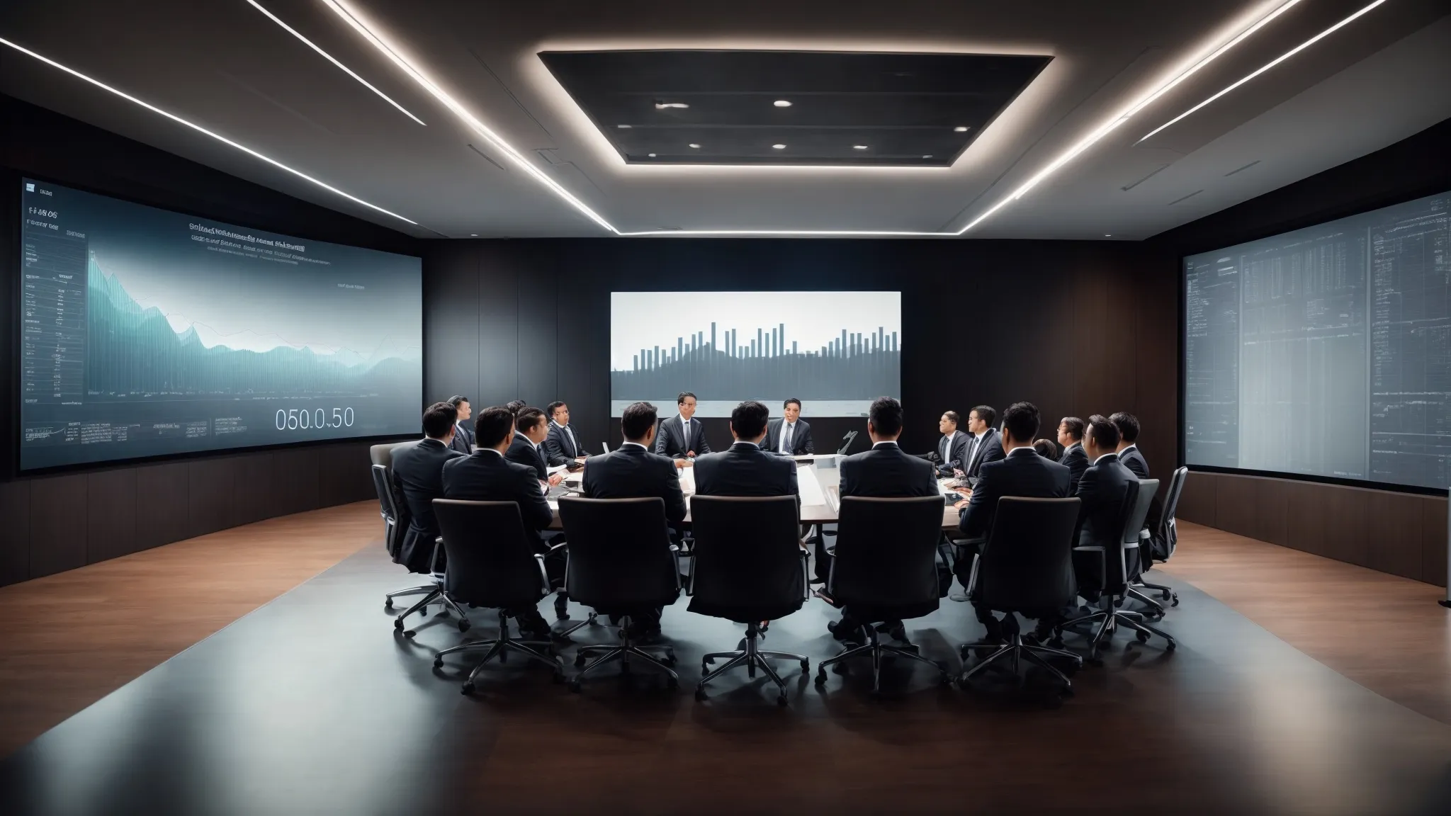 a sleek conference room with a large screen displaying graphs and a group of attorneys listening to a digital marketing expert.