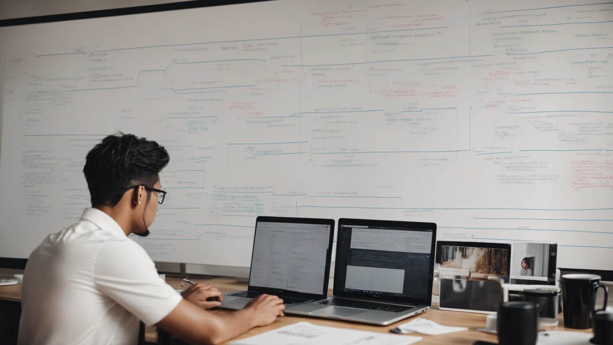 a person using a laptop at a desk with a whiteboard covered in seo strategy flowcharts.