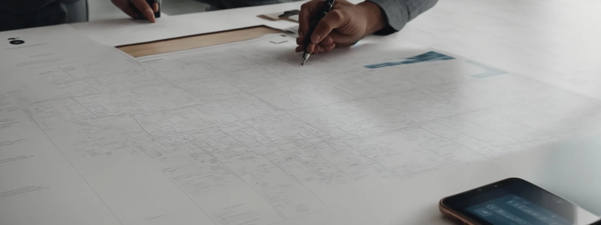 a person pouring over a comprehensive digital marketing blueprint spread out on a large table.