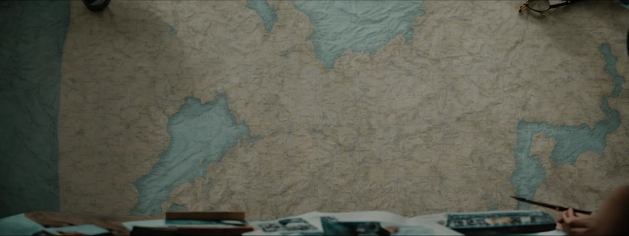 a strategist intently examines a large map spread across a table, plotting points with a set of diverse tools.