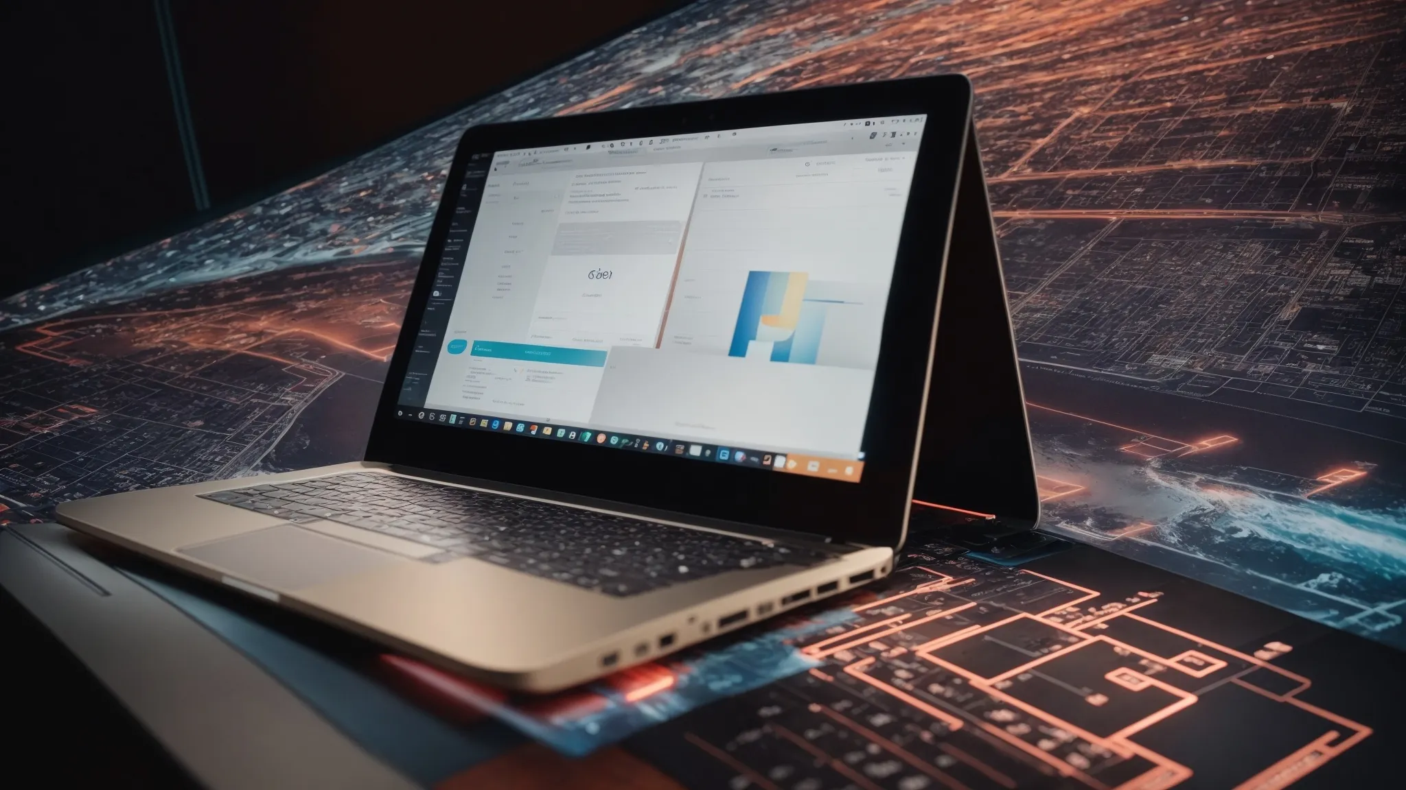 three distinct paths converging at the point where a laptop rests on a table with an illuminated screen surrounded by symbols representing analytics, ads, and creativity.