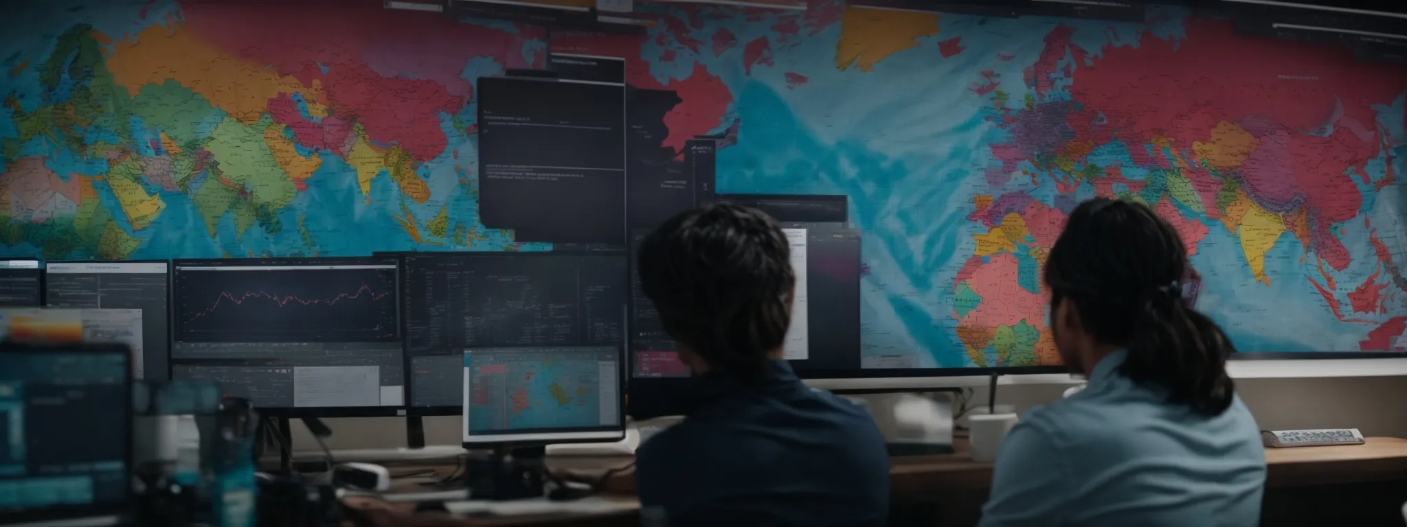 a professional team using advanced analytical tools to study a colorful global map on a digital screen.