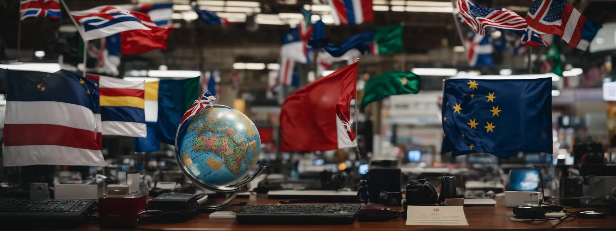 a globe surrounded by various national flags, with a computer displaying a website's analytics dashboard in the background.