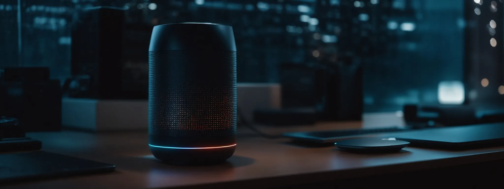 a person speaking to a smart speaker on a clean desk against a backdrop of futuristic technology symbols.