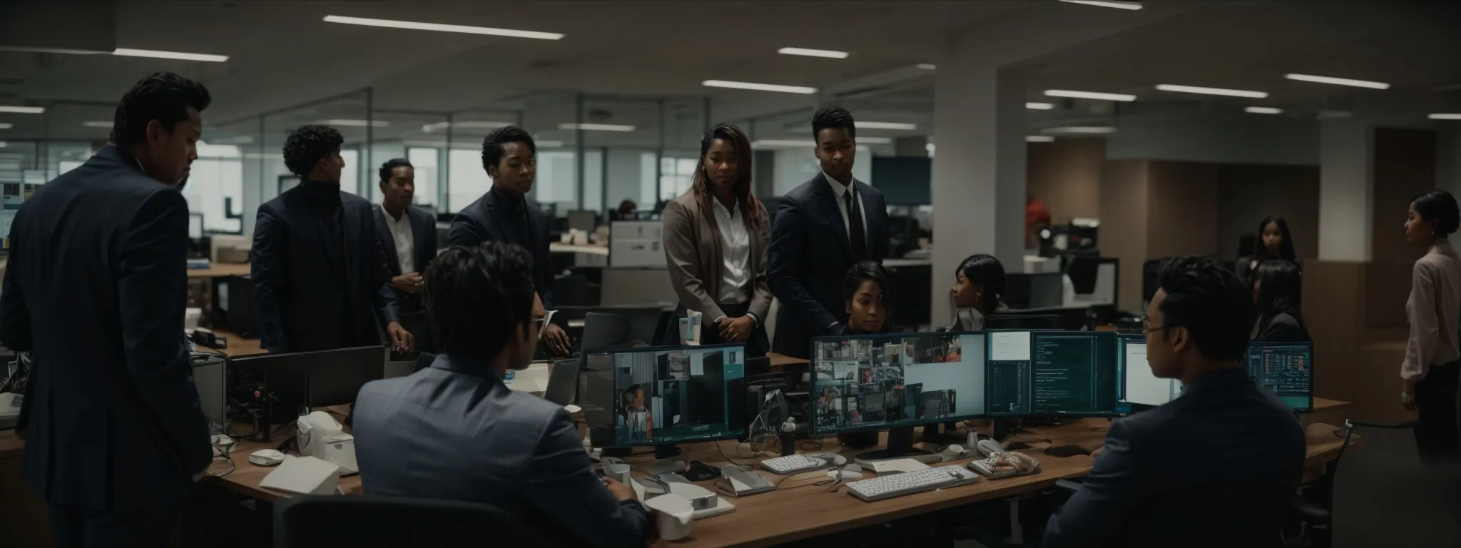 a diverse team strategizes around a computer in a modern office environment.