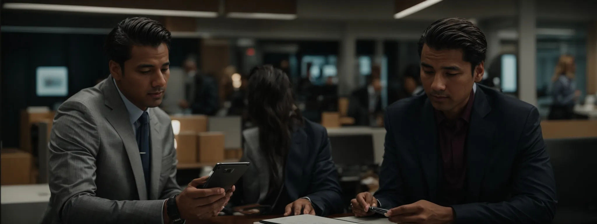 two professionals are engaged in a focused discussion over a modern, digital tablet in a sleek, well-lit office environment.