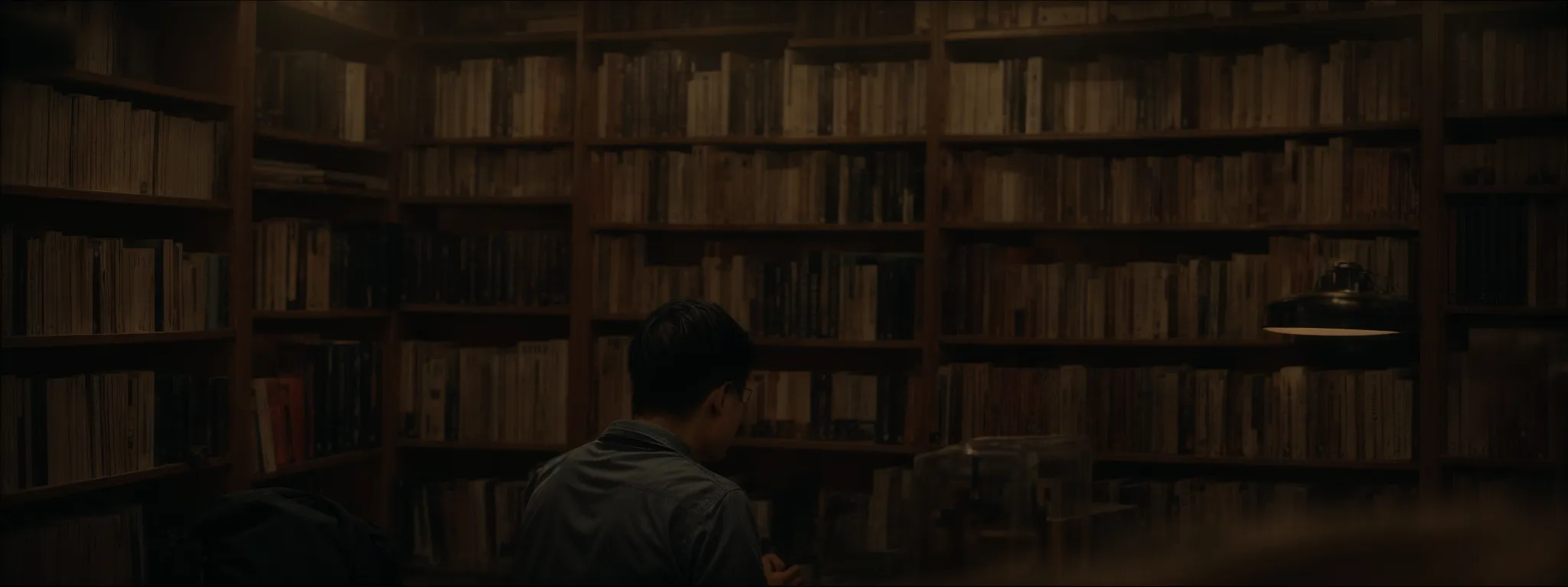 a person intently browsing through a neatly organized bookshelf in a well-lit, modern library.