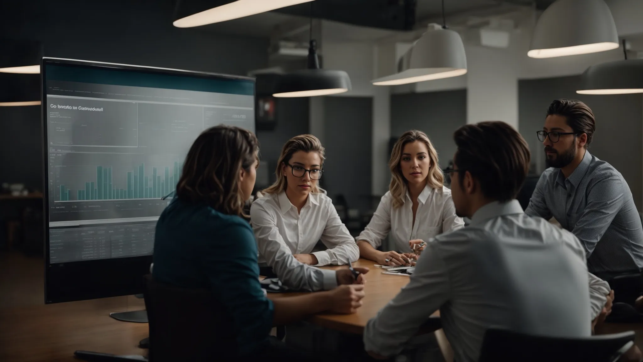 a marketing team gathered around a table discussing growth metrics displayed on a large monitor.