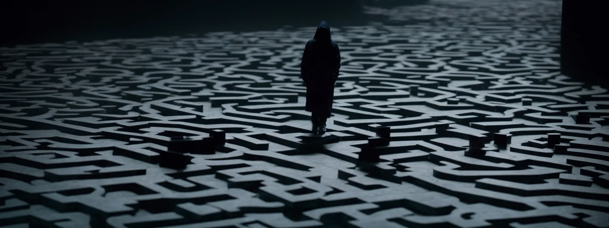 a shadowy figure stealthily adjusting the puzzle pieces of a web-shaped maze.