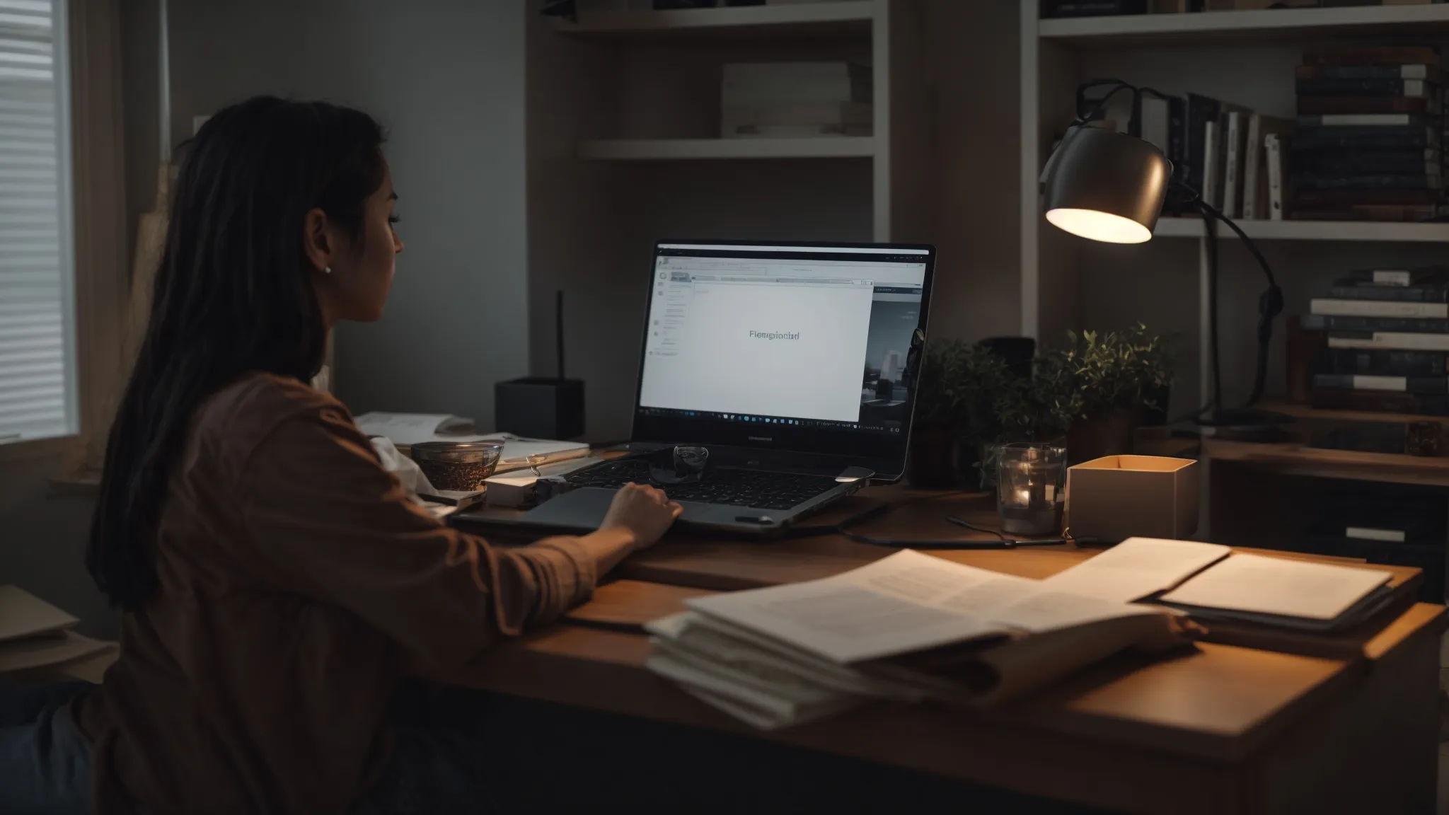 a person sits at a minimalistic home office during twilight hours, typing on a laptop with a stack of marketing books nearby.