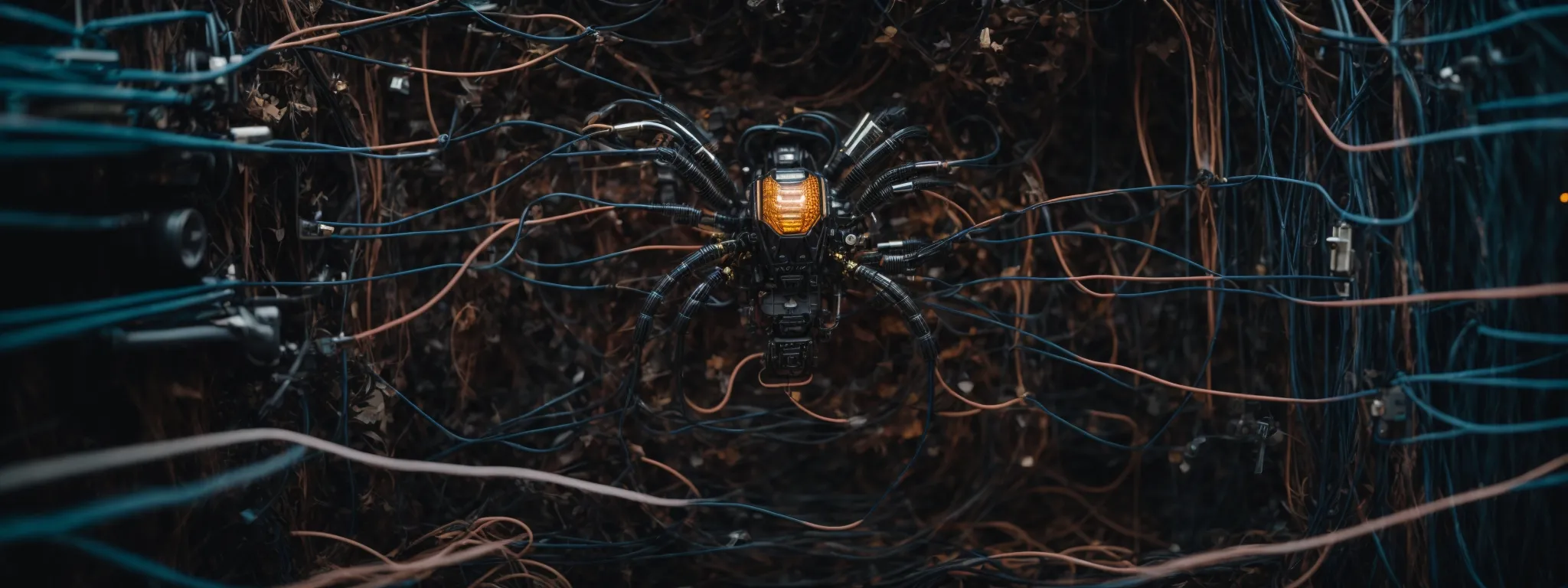 a close-up shot of a spider robot navigating through a maze of wires and circuitry.