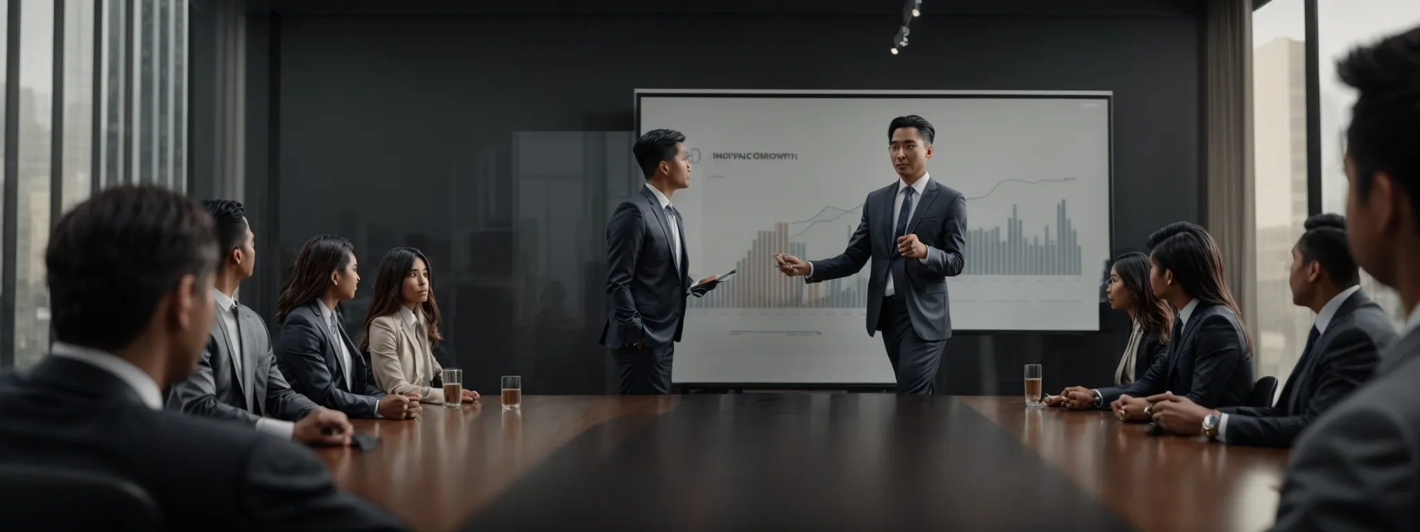 a confident marketer presents a graph showing upward growth to a group of attentive executives in a sleek boardroom.