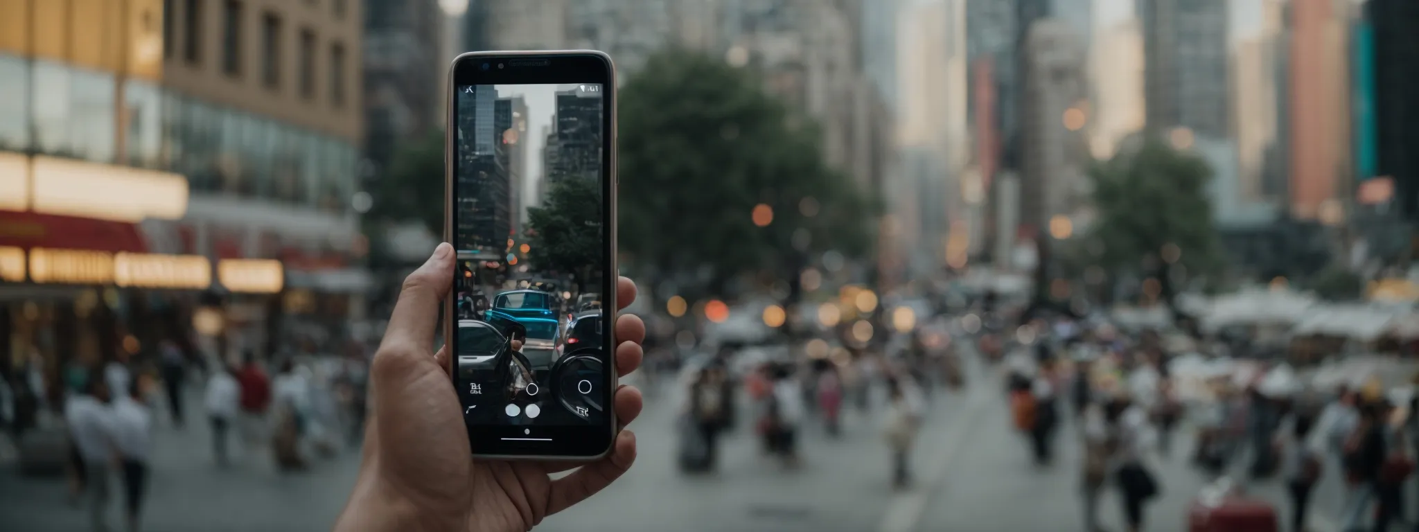 a smartphone displaying an engaging ad amidst a bustling cityscape.