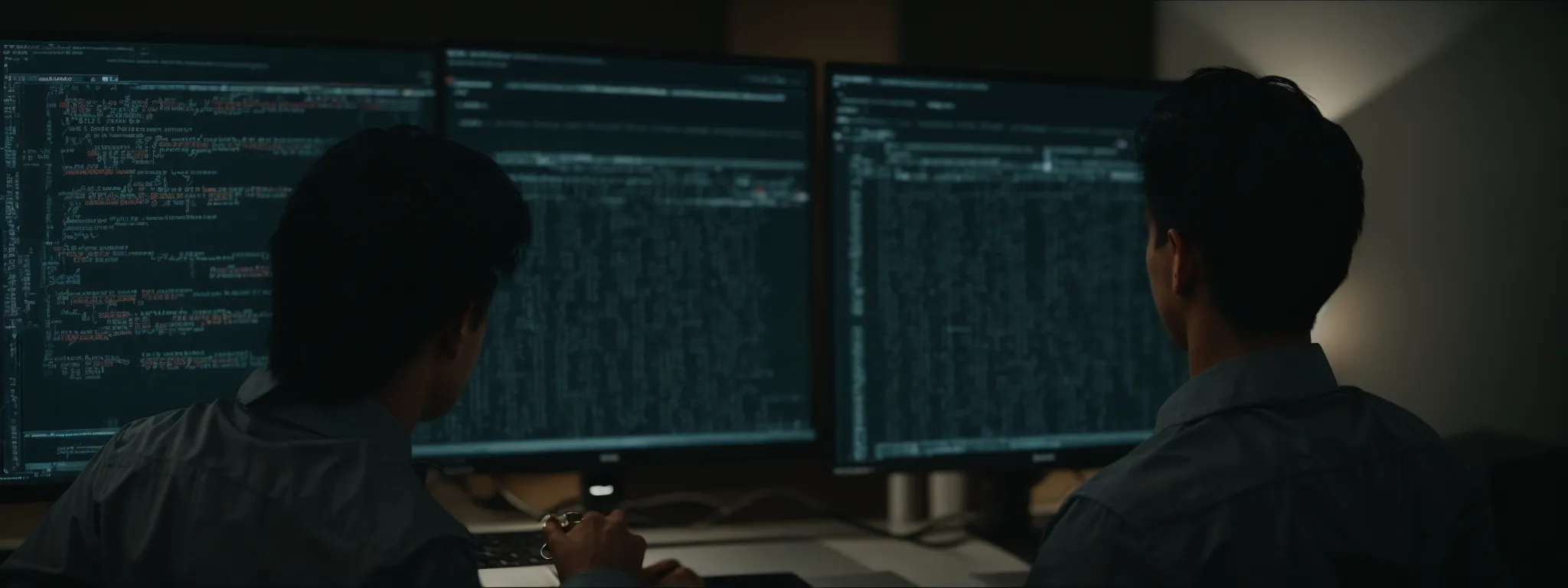 a web developer reviews lines of code on a computer screen, highlighting sections of structured data.