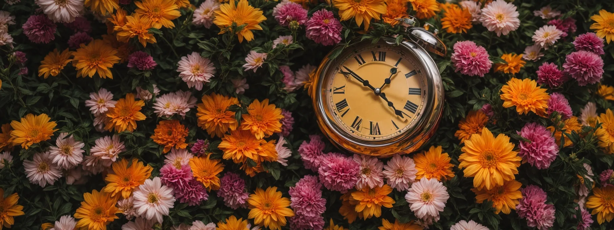 a clock nestled in a bed of flowers, symbolizing the growth and patience required in seo maturation.