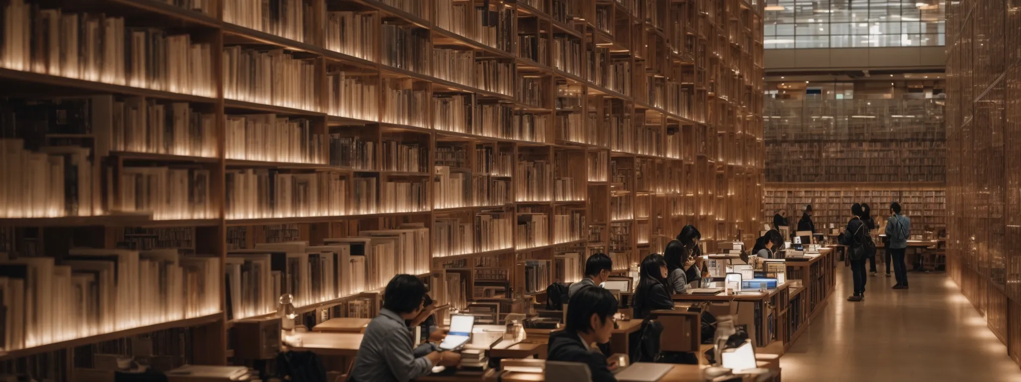 a bustling, modern library with readers browsing through digital tablets along a wall of virtual bookshelves glowing with labels.