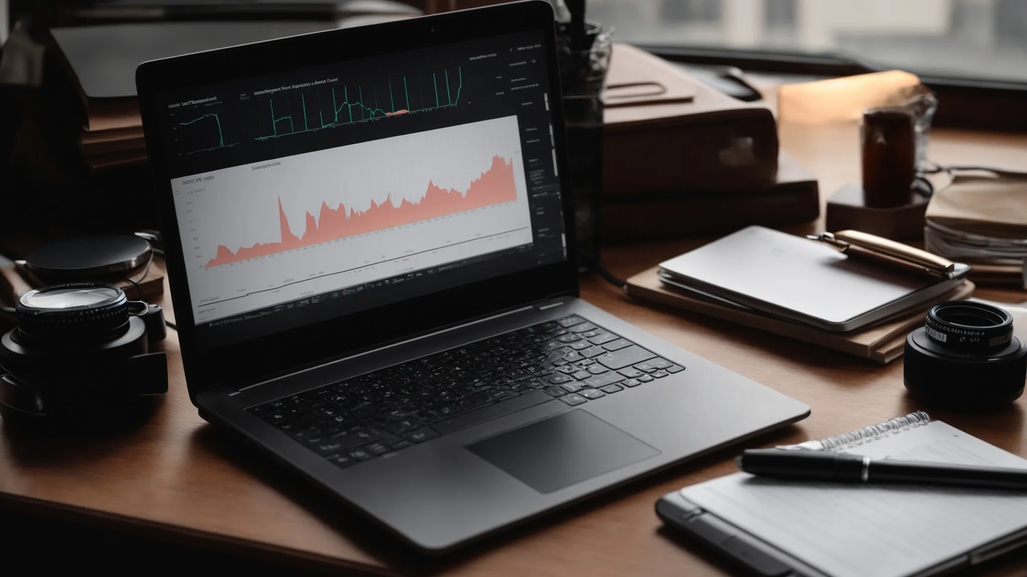 a laptop with graphs and analytics on the screen next to a magnifying glass and a notepad.