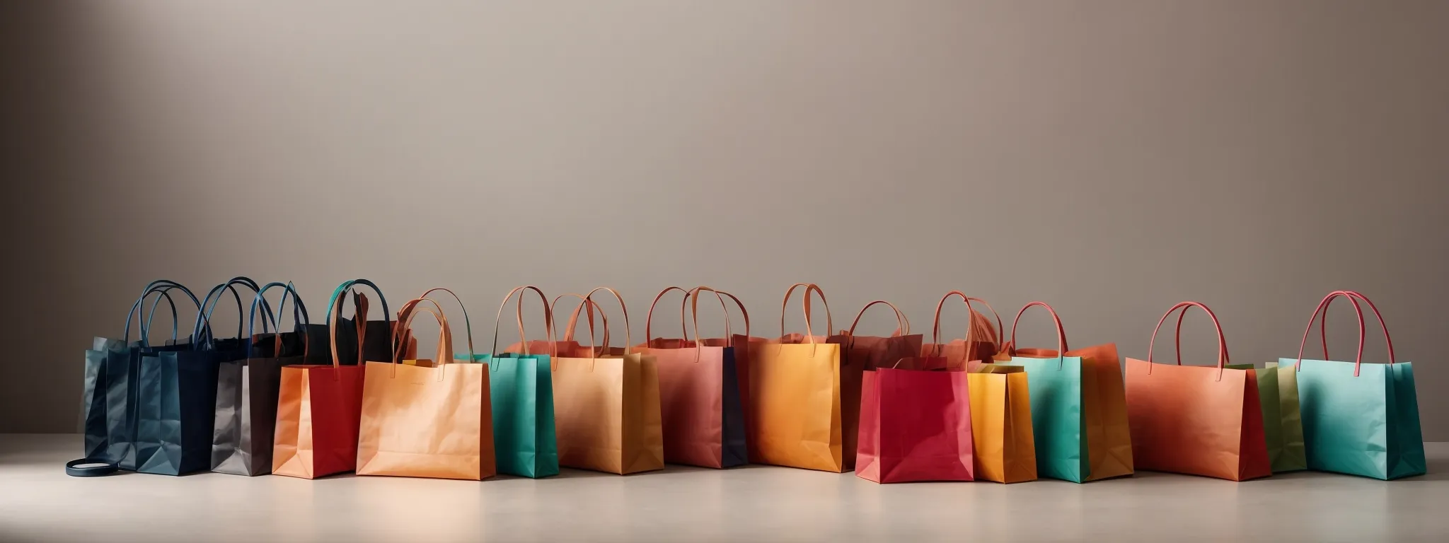a diverse array of vibrant shopping bags on a sleek, modern table, symbolizing the variety of ecommerce models.