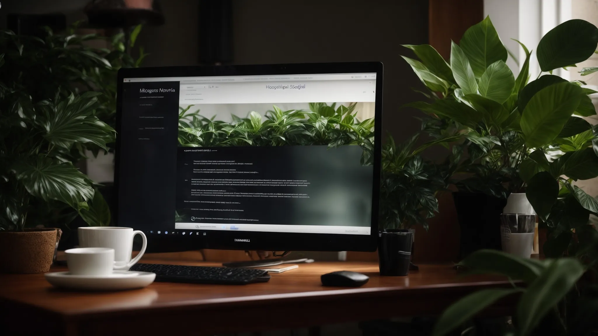 a desktop computer with a search engine results page displayed on the screen, surrounded by a plant, a mug of coffee, and a pair of glasses.