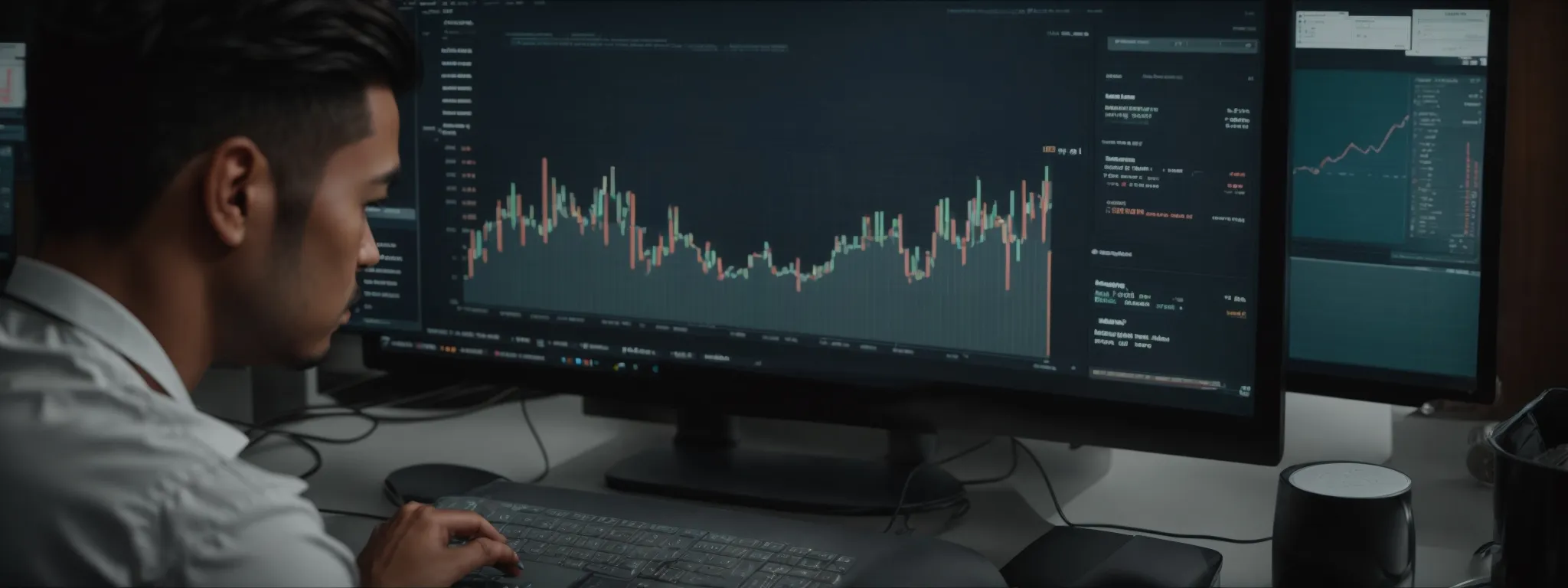 a marketer analyzes data charts on a computer screen, revealing diverse keyword trends and metrics.