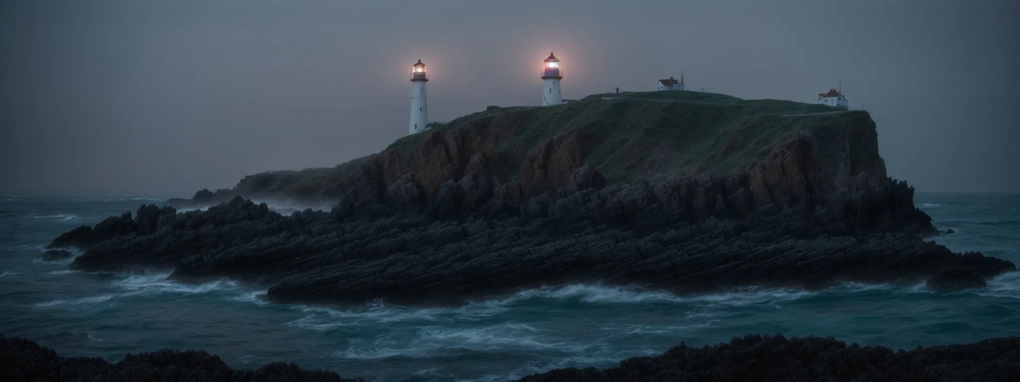 a lighthouse standing firm on a rocky shore, its beacon slicing through the twilight fog. 