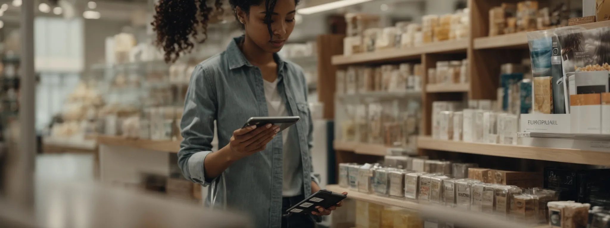 a busy shopper interacts with a sleek, user-friendly tablet interface showcasing an array of products.