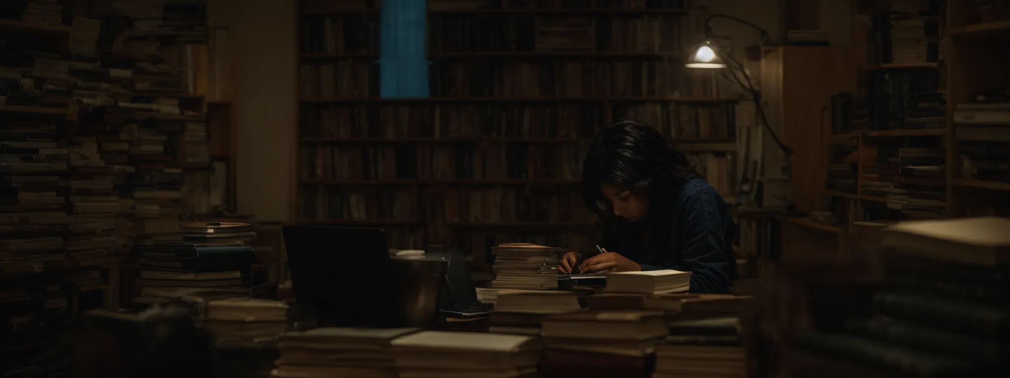 a focused individual leans over a laptop, surrounded by stacks of books, intently typing away in a quiet room bathed in soft light.