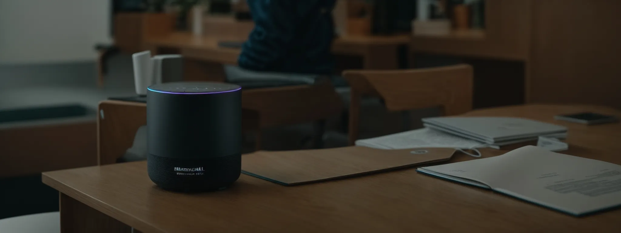 a person interacting with a smart speaker on a clear desk.