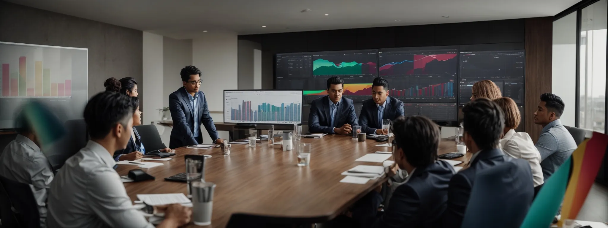 a team of marketing professionals gather around a conference table, intently focusing on a central laptop screen displaying colorful graphs and campaign metrics.