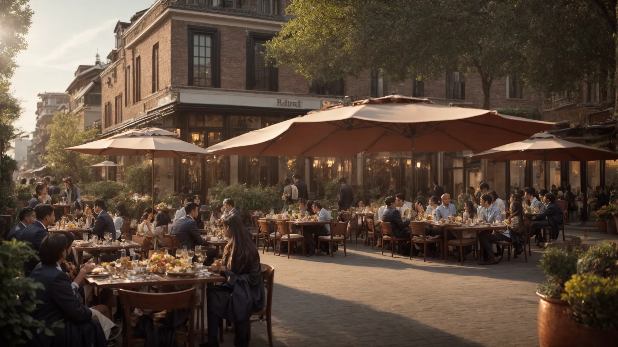 an elegant outdoor dining setup with a bustling street view.