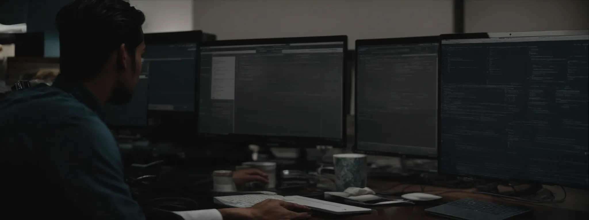 a person sitting at a computer with multiple browser tabs open, analyzing a website structure diagram.