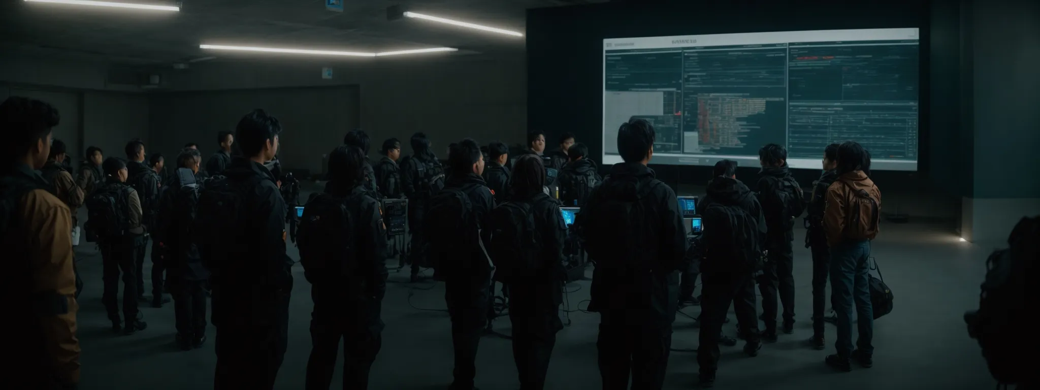 a team gathers around a large digital screen, interacting with a collaborative software interface.