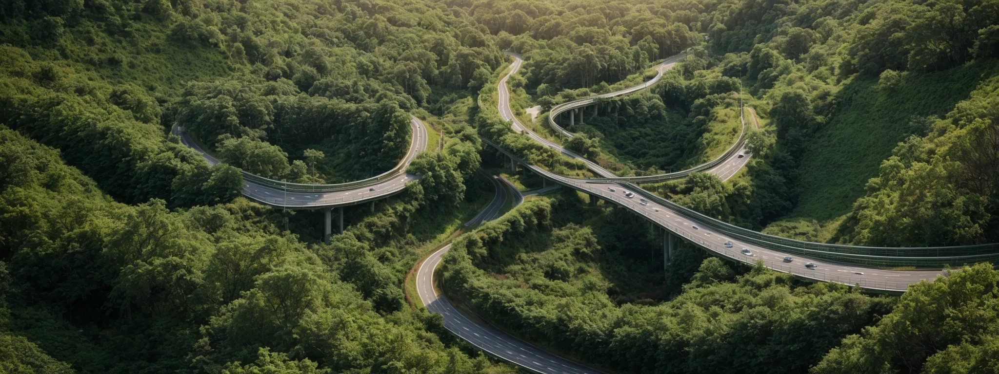 two paths diverge in a digital landscape, one meandering through an organic green forest representing seo and the other a straight highway with billboards symbolizing the immediate impact of google ads.