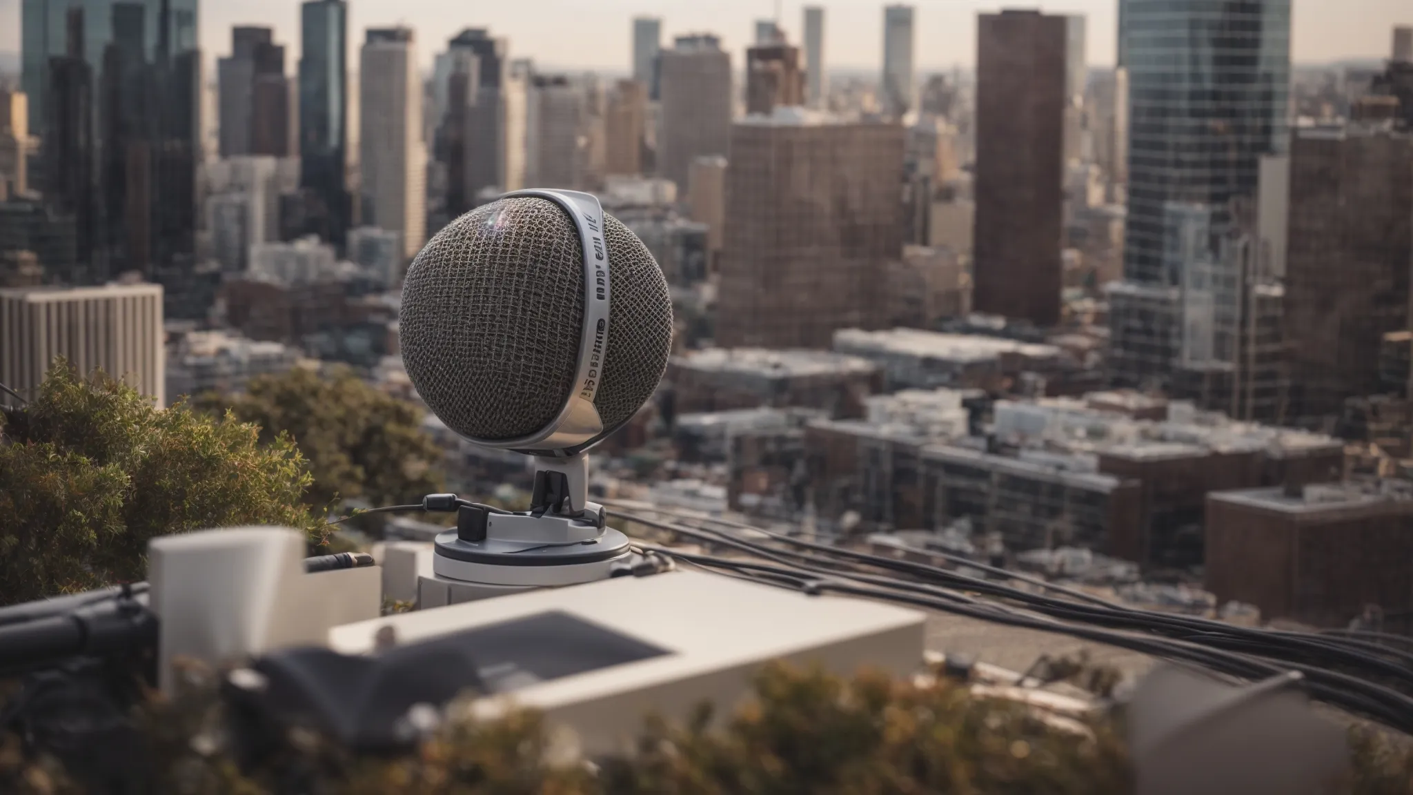 a podcast microphone surrounded by a cityscape model representing the focus on local businesses in the digital marketing industry.