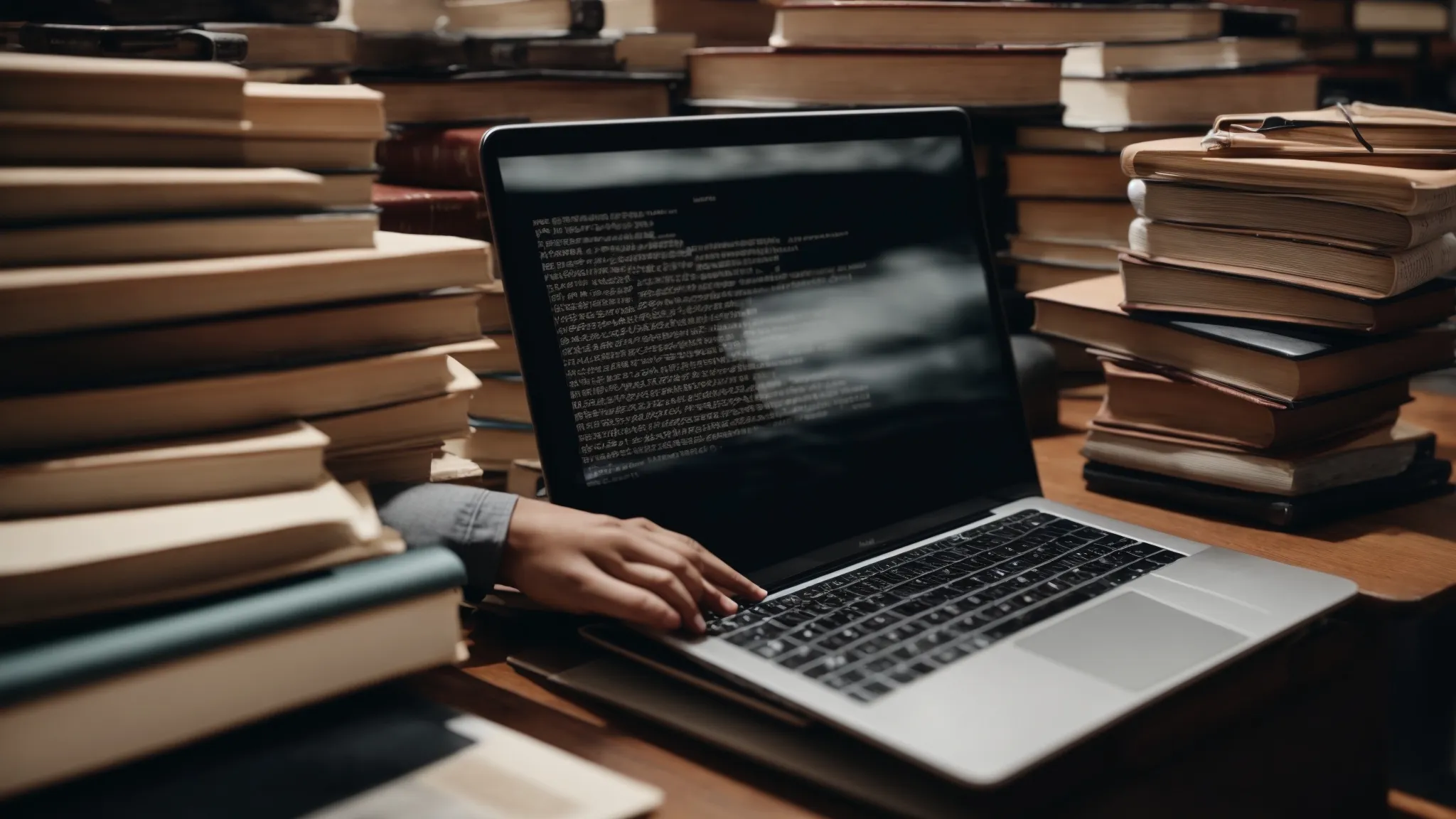 a person thoughtfully typing on a laptop amidst a stack of books, symbolizing the blend of seo strategy with engaging content creation.