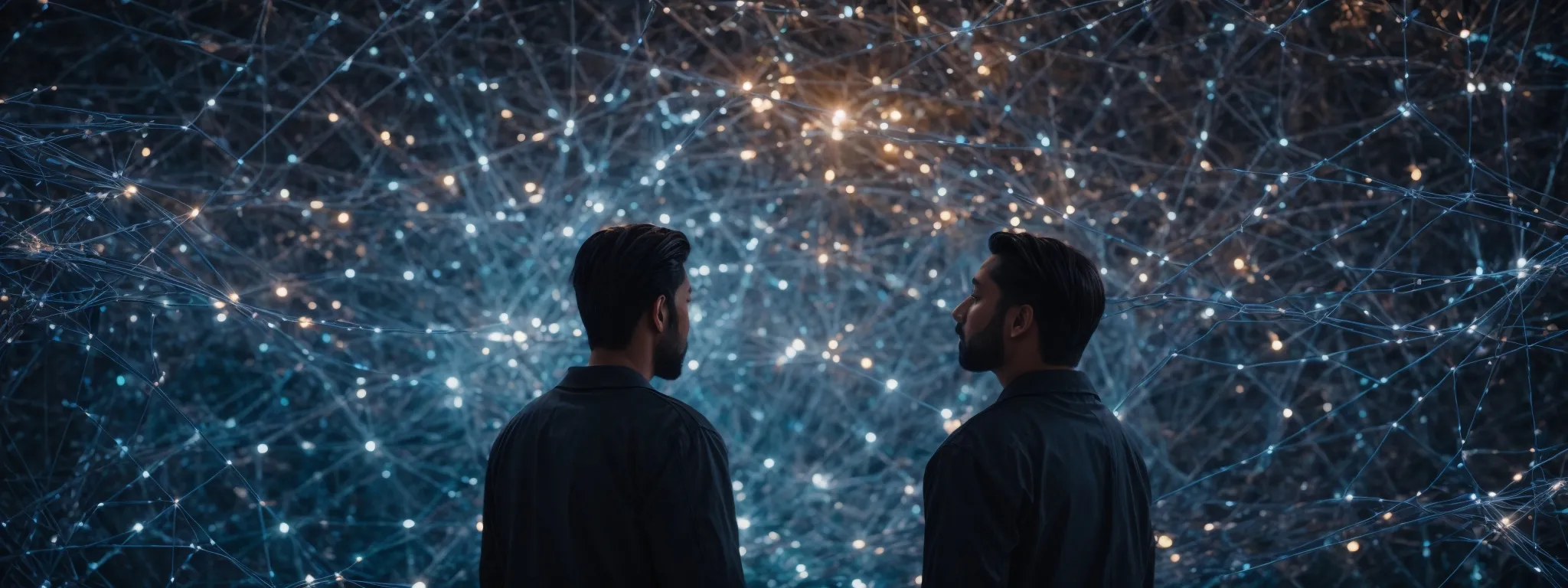 a visionary digital marketer gazes at a sprawling network of glowing connections representing the digital marketing landscape of the future.