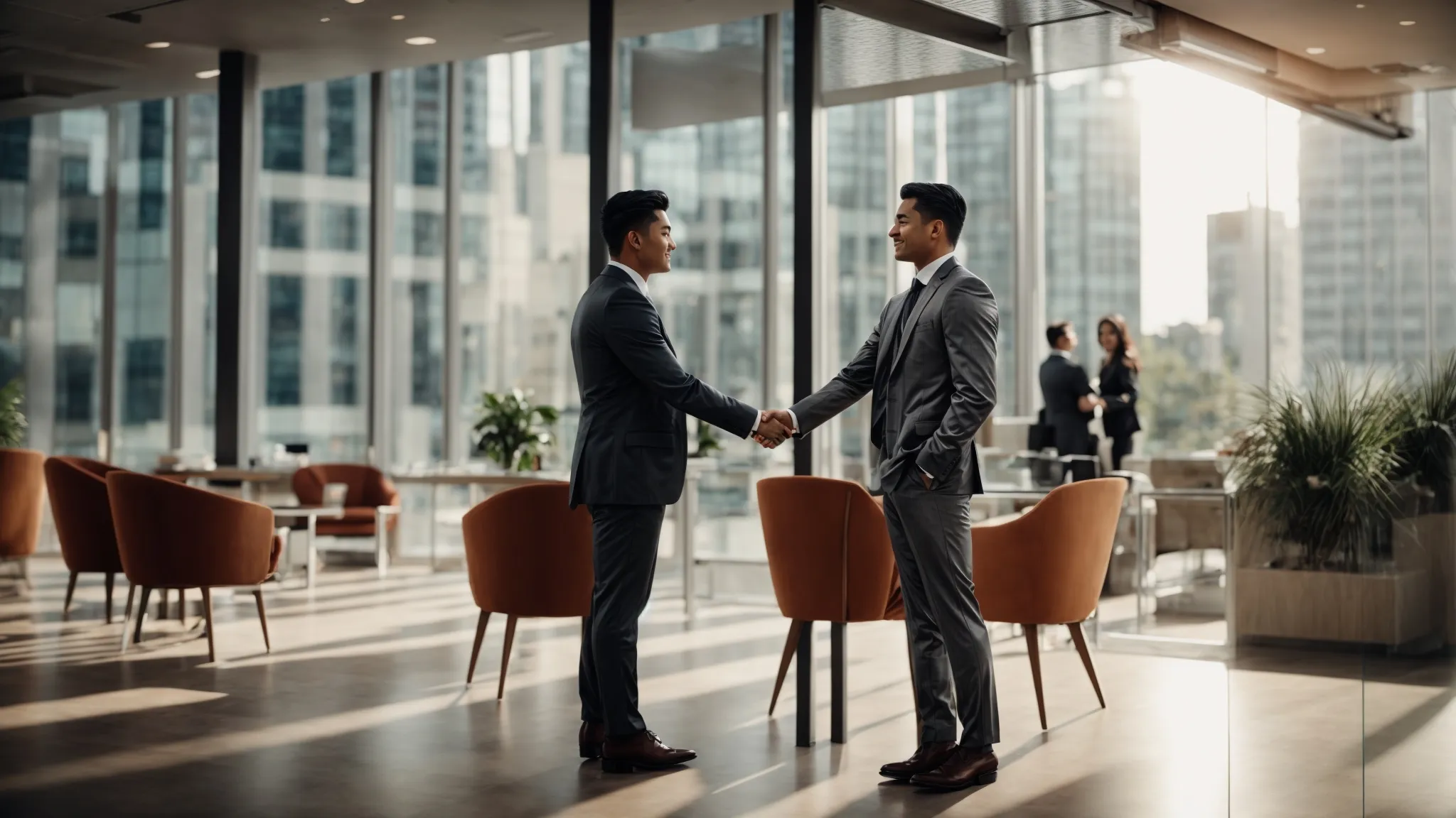 a business professional confidently shakes hands with a satisfied client against the backdrop of a modern office.