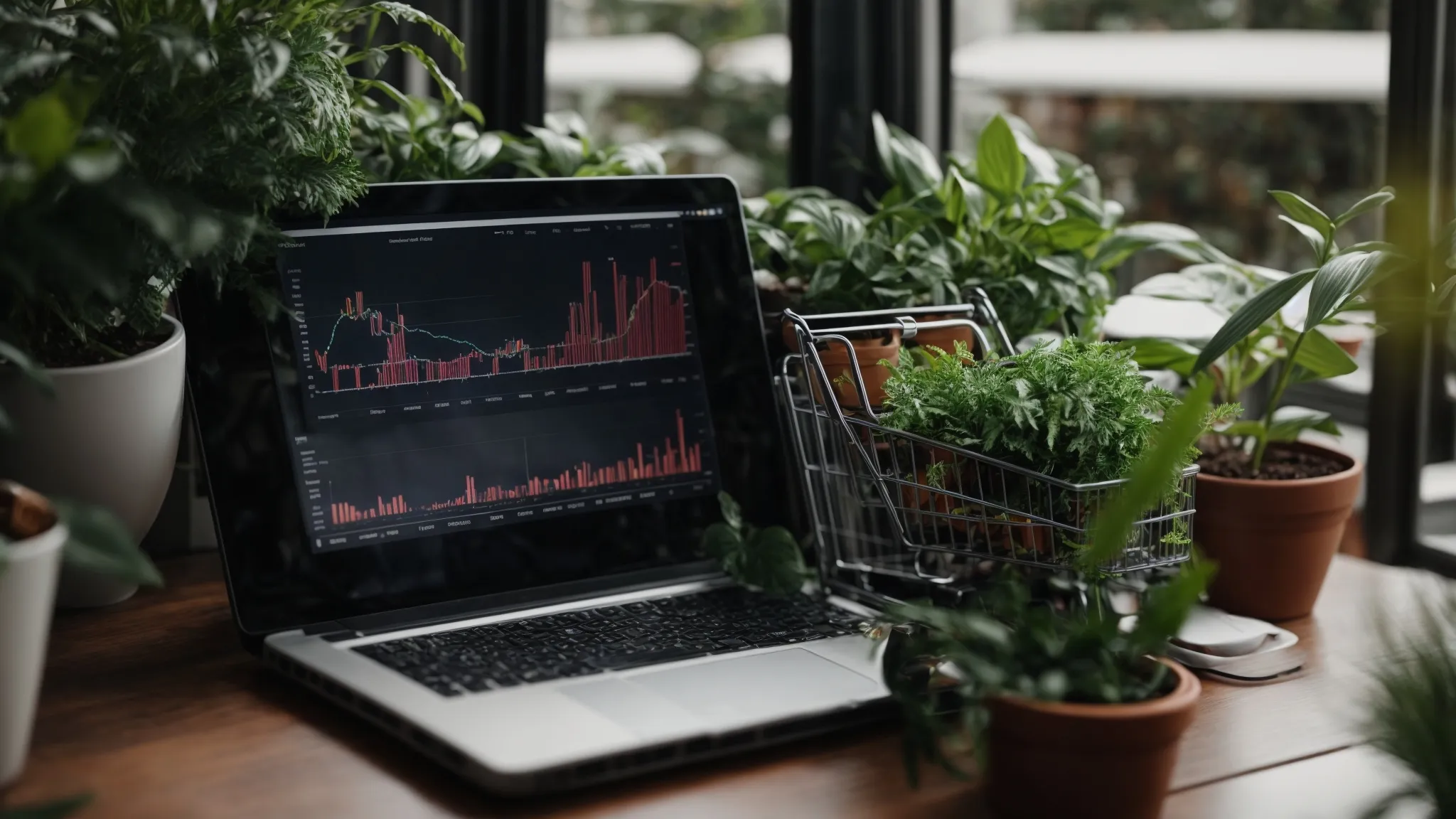 a laptop displaying bar graphs and charts next to a shopping cart and plants, symbolizing online sales optimization.