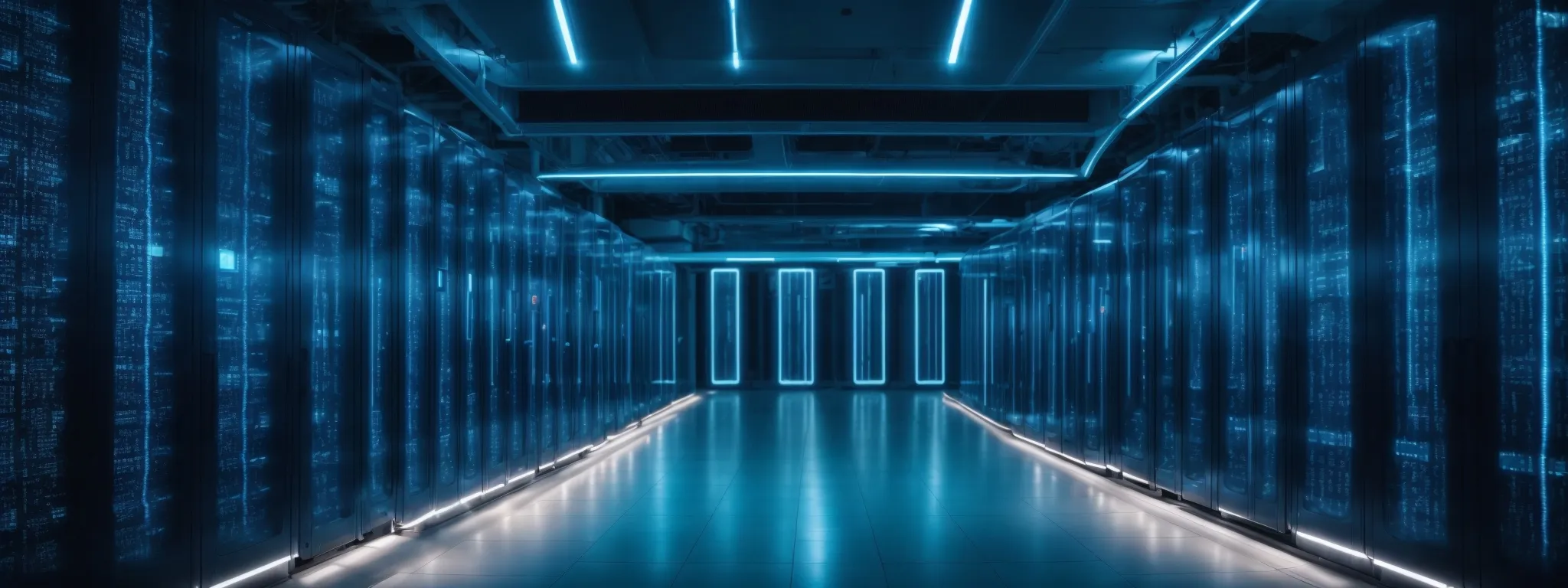 a futuristic data center with rows of high-speed servers emitting a cool blue glow.