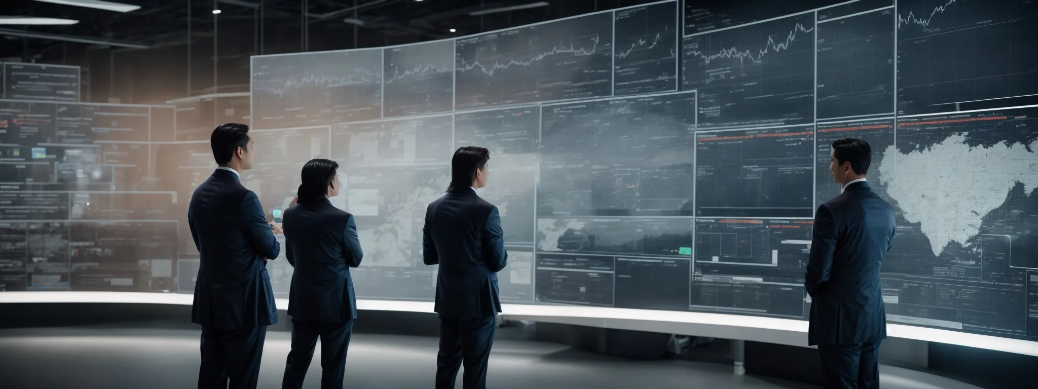 executives examine interactive screens with complex flowcharts representing business processes and erp system features.
