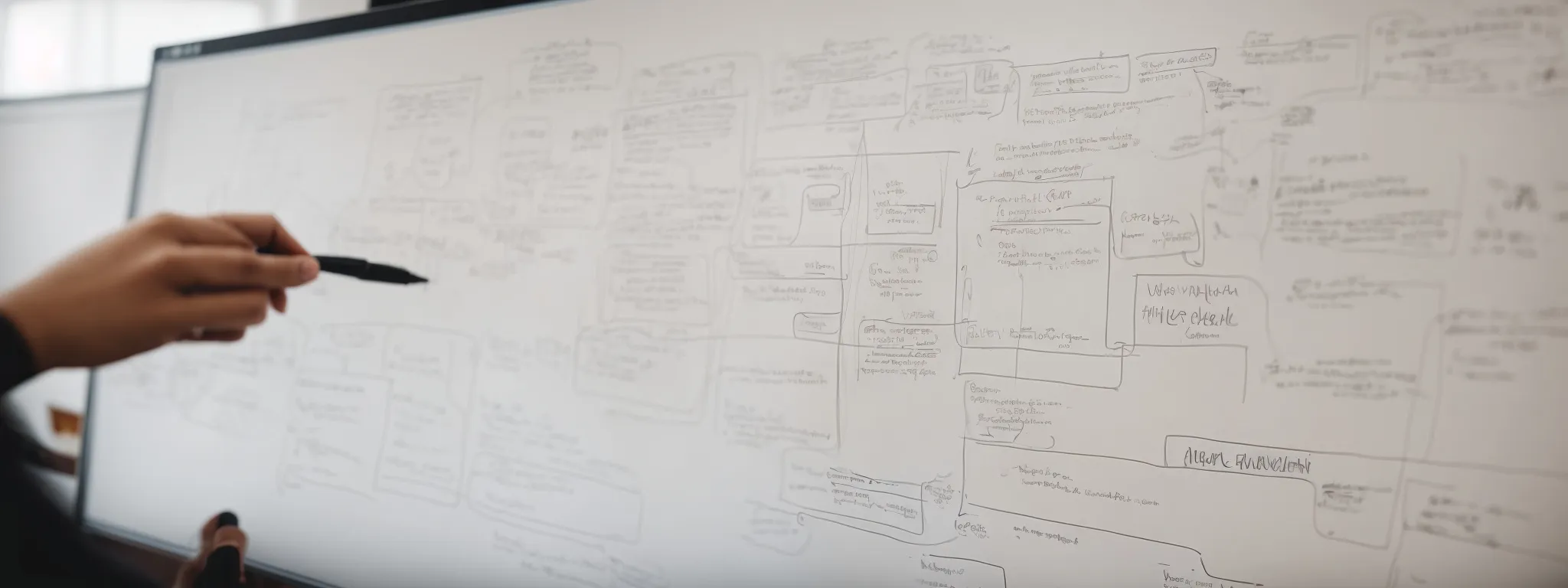 an individual sketches a website layout on a whiteboard, highlighting areas for content and seo strategy alignment.