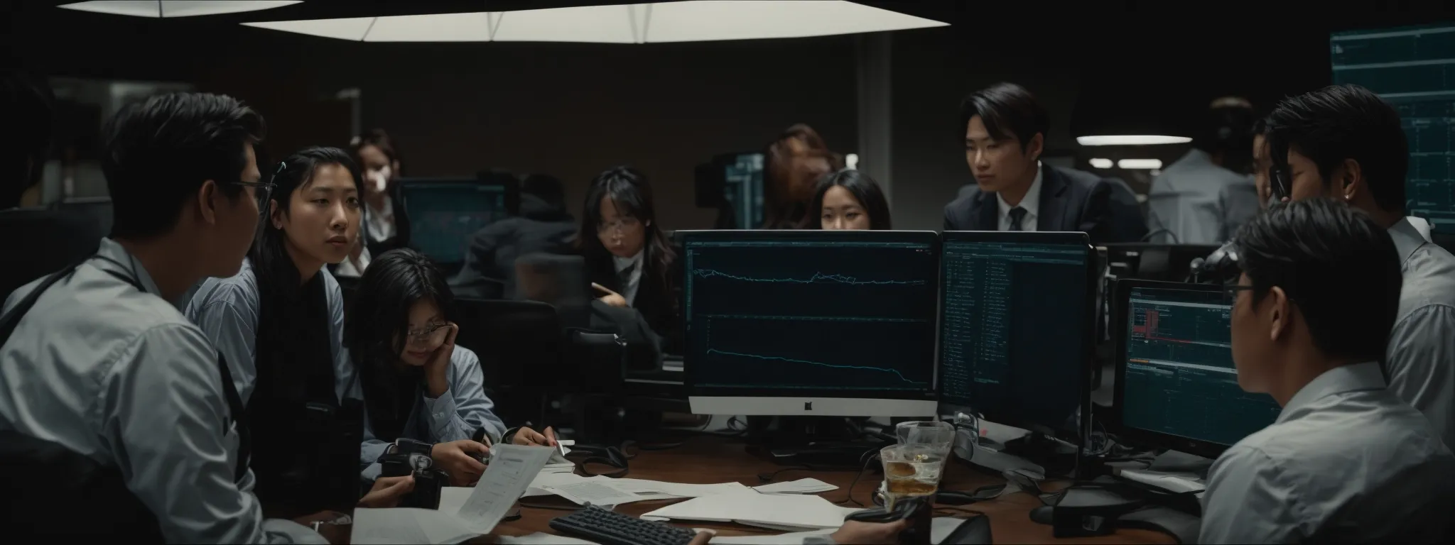 a team of professionals gathered around a computer, analyzing data charts while discussing strategies.