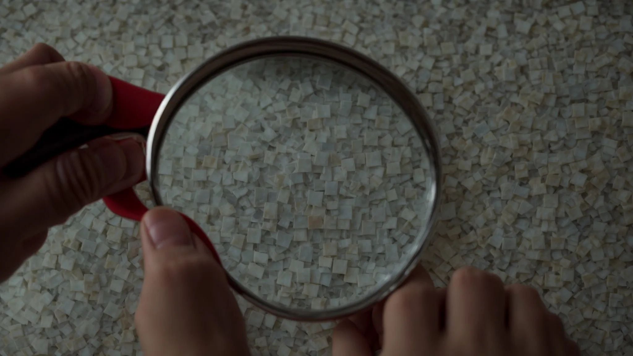 a person using a magnifying glass to examine a jigsaw puzzle of words related to seo and online search.