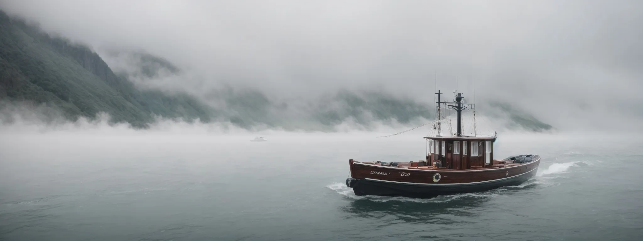 a boat navigates through a foggy and ever-shifting landscape, symbolizing the unpredictable and non-guaranteed nature of seo success in the vast ocean of digital marketing.