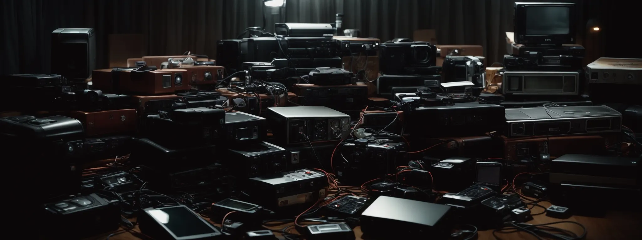 a pile of various electronic devices in a dimly lit room, suggesting secretive technology.