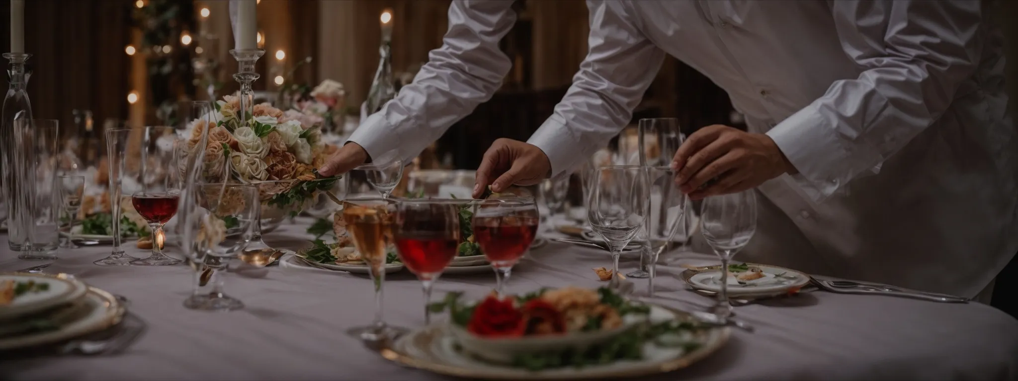 a person setting a finely decorated dining table at a luxurious event.