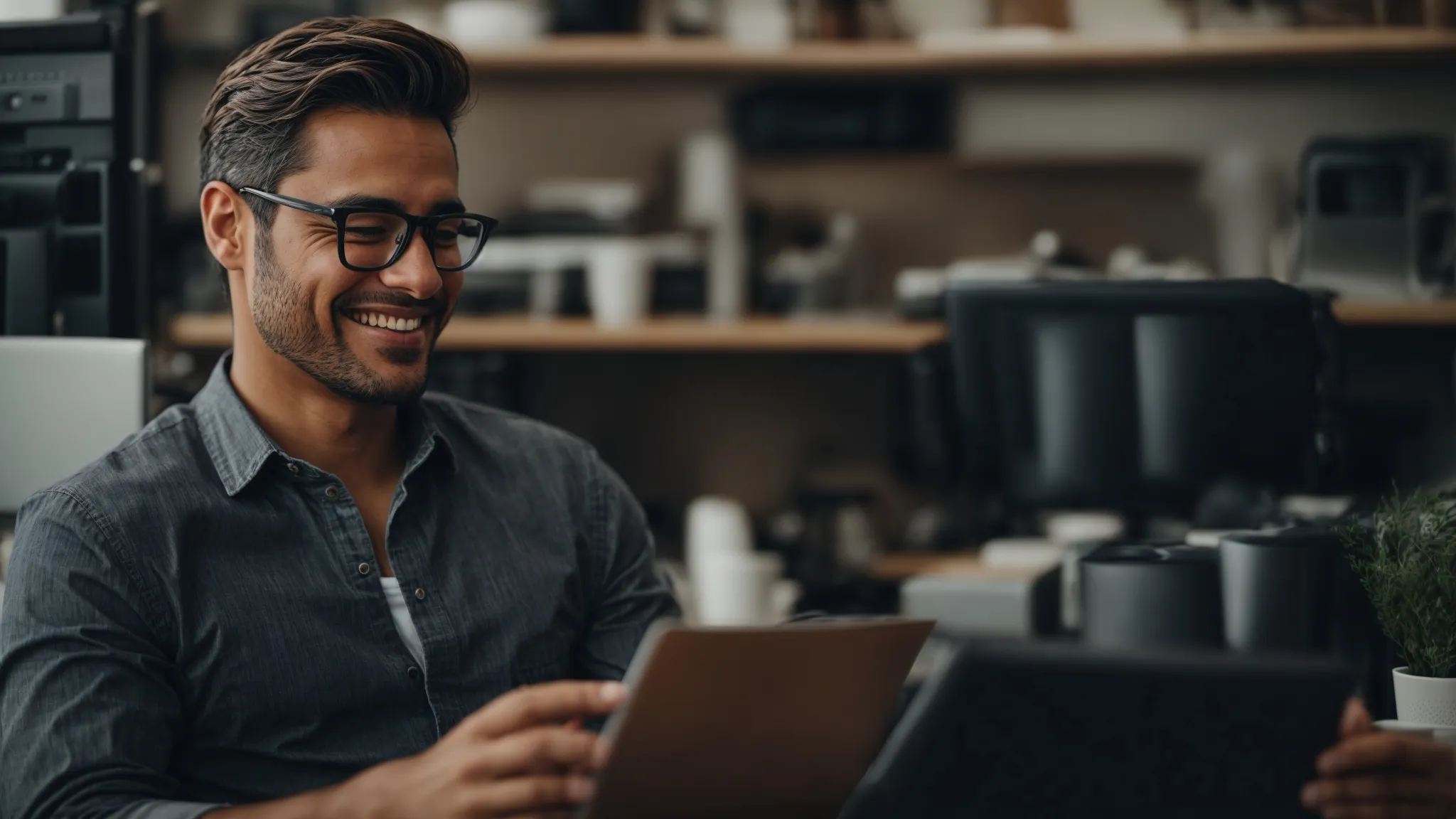 a business owner sits in front of a computer, smiling as they read a positive online review from a satisfied customer.