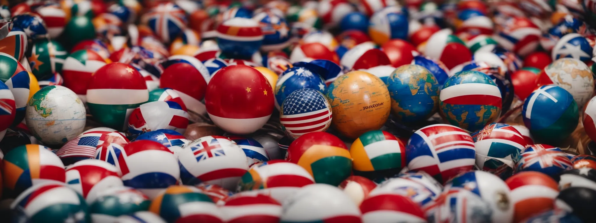 a globe centered on a table surrounded by various national flags, portraying the concept of global market research.