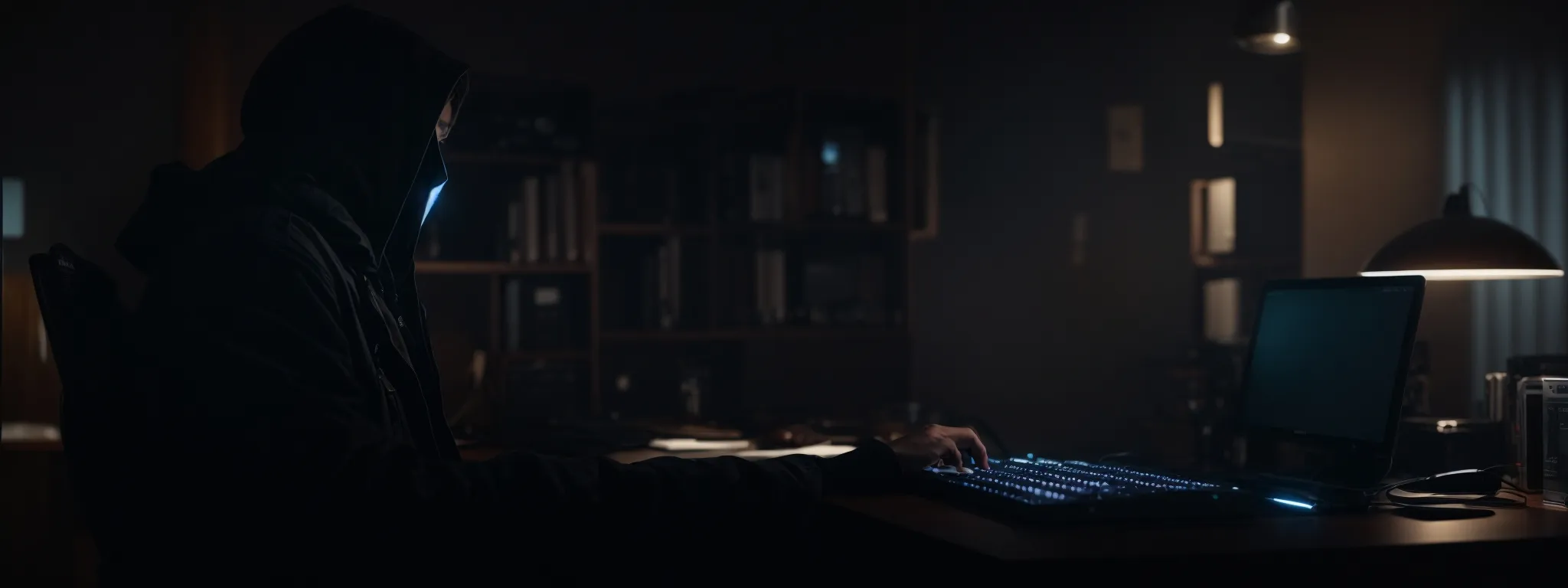a shadowy figure typing at a computer with multiple web browser windows open, symbolizing covert online manipulation.